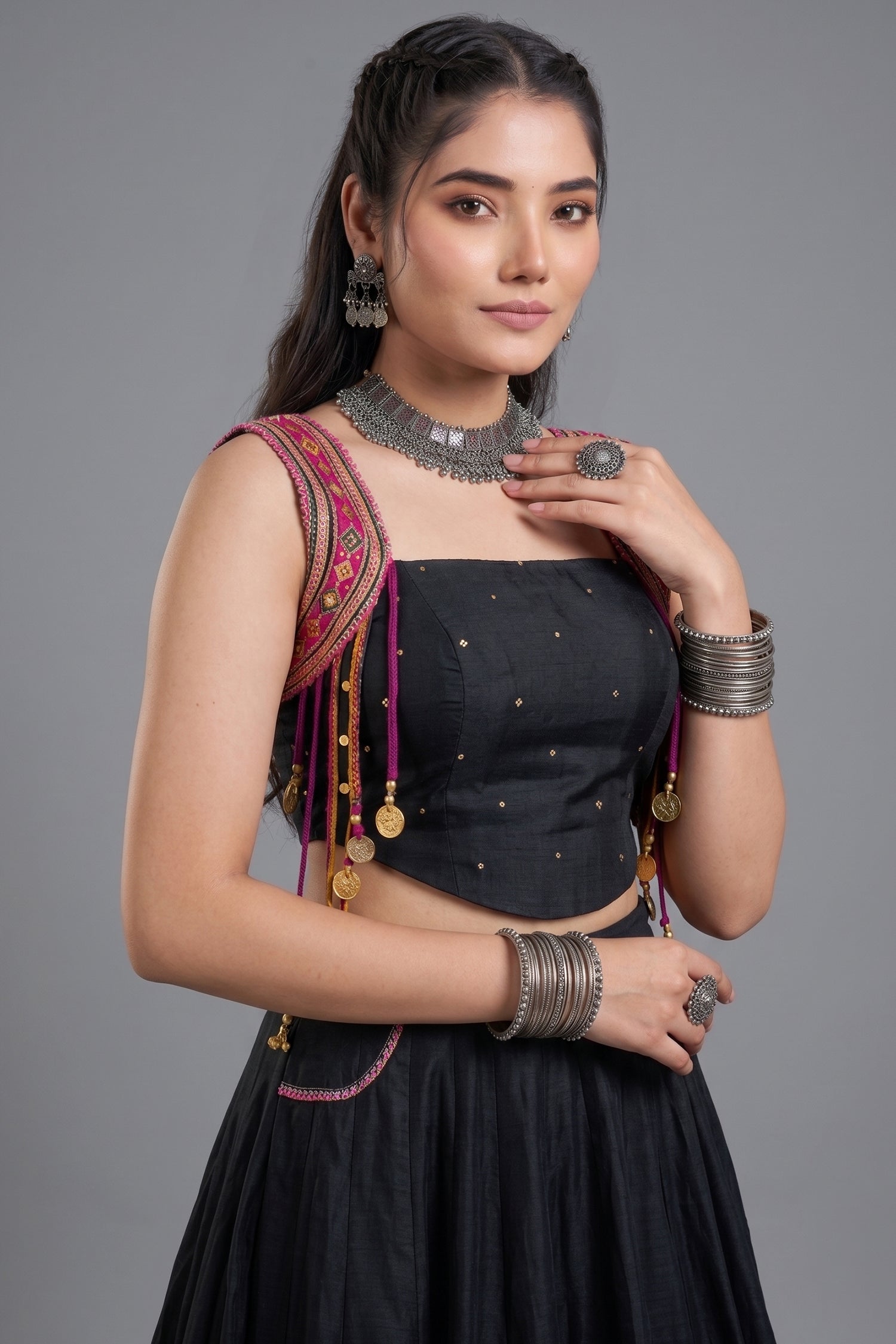 Black Pure Cotton Lehenga Set with Pink Kutchi Mirror Border Secondary image