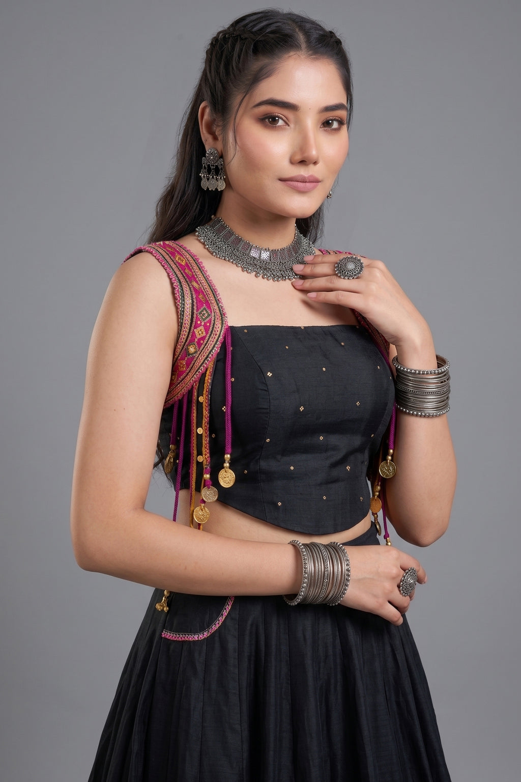 Black Pure Cotton Lehenga Set with Pink Kutchi Mirror Border