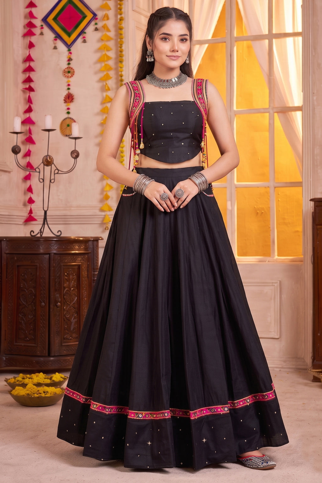 Black Pure Cotton Lehenga Set with Pink Kutchi Mirror Border