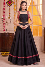 Black Pure Cotton Lehenga Set with Pink Kutchi Mirror Border