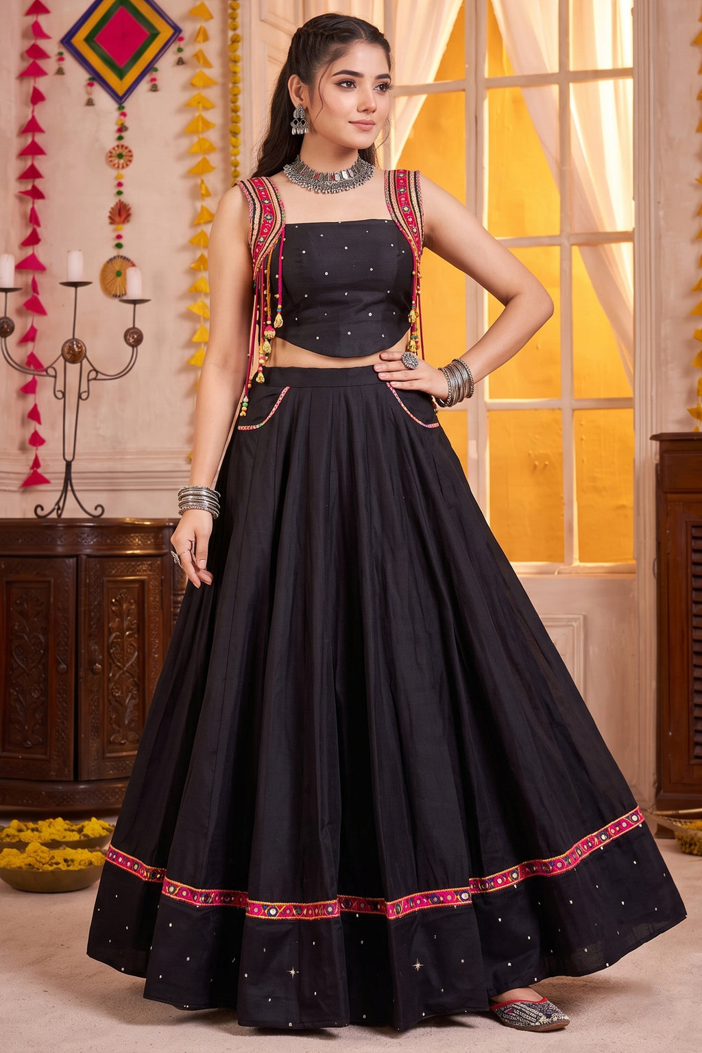 Black Pure Cotton Lehenga Set with Pink Kutchi Mirror Border
