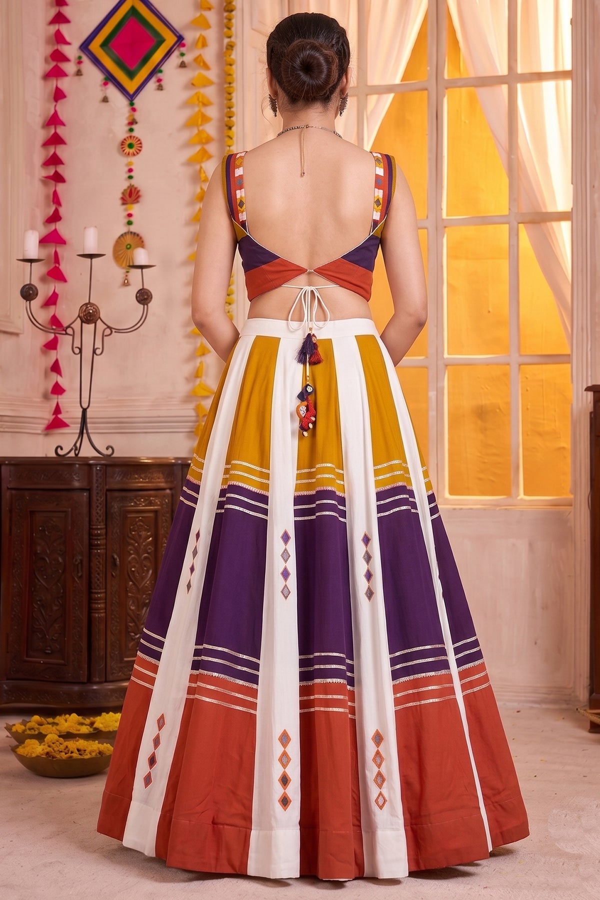 MultiColor Rayon Flared Lehenga Set with Gota Patti & Mirror Trim