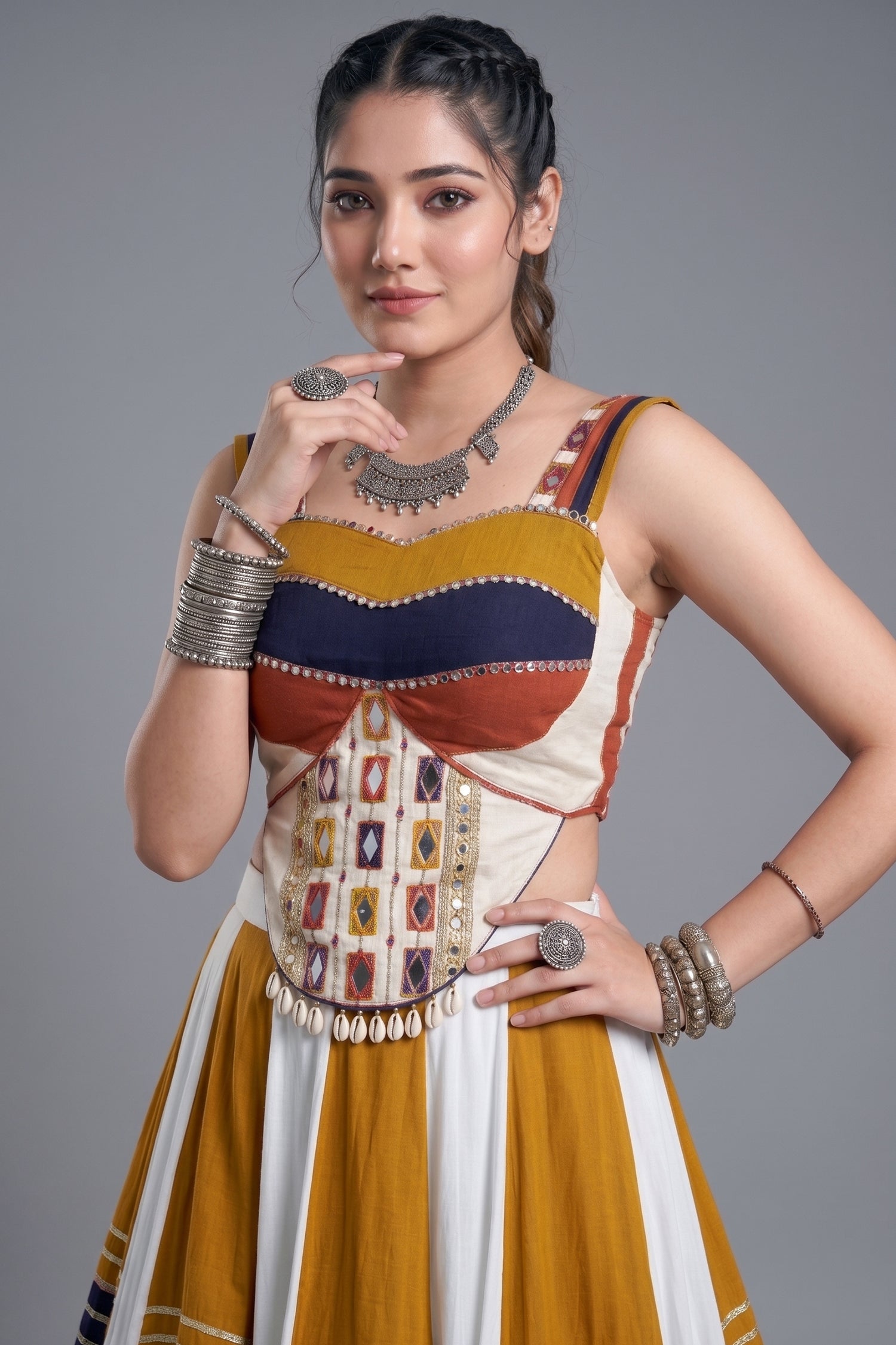 MultiColor Rayon Flared Lehenga Set with Gota Patti & Mirror Trim Secondary image