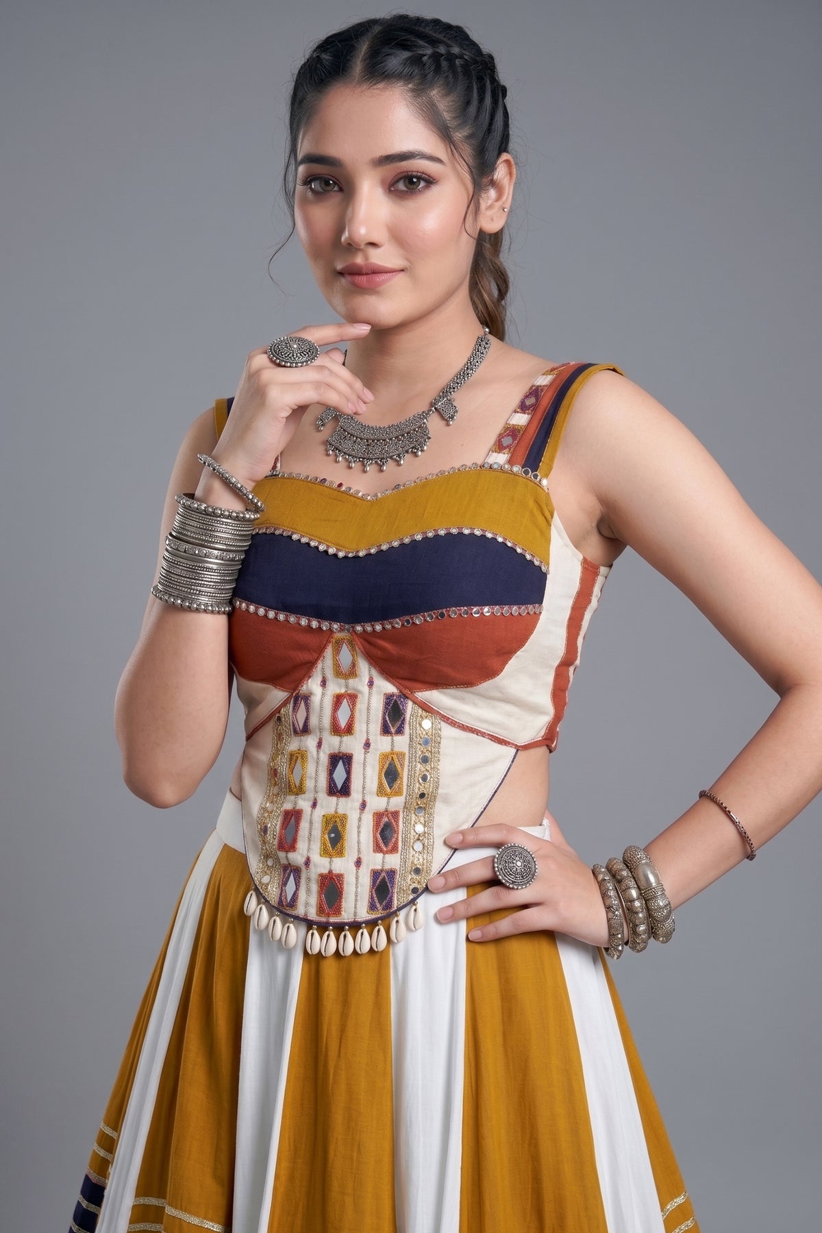 MultiColor Rayon Flared Lehenga Set with Gota Patti & Mirror Trim