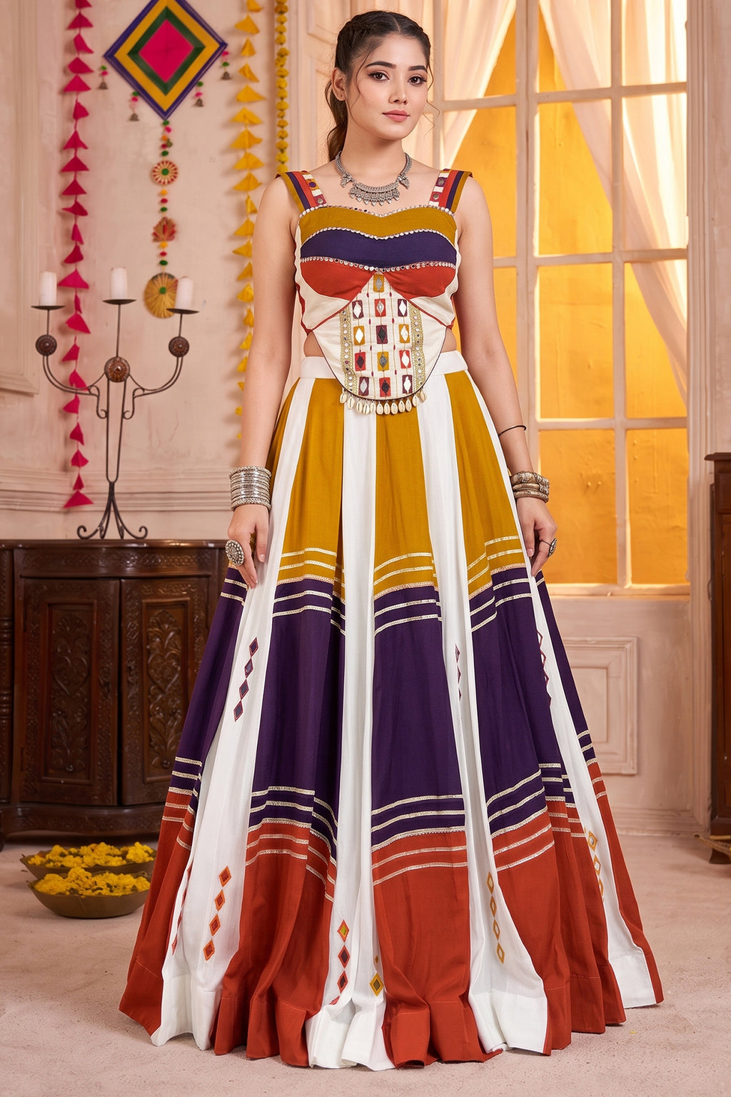 MultiColor Rayon Flared Lehenga Set with Gota Patti & Mirror Trim