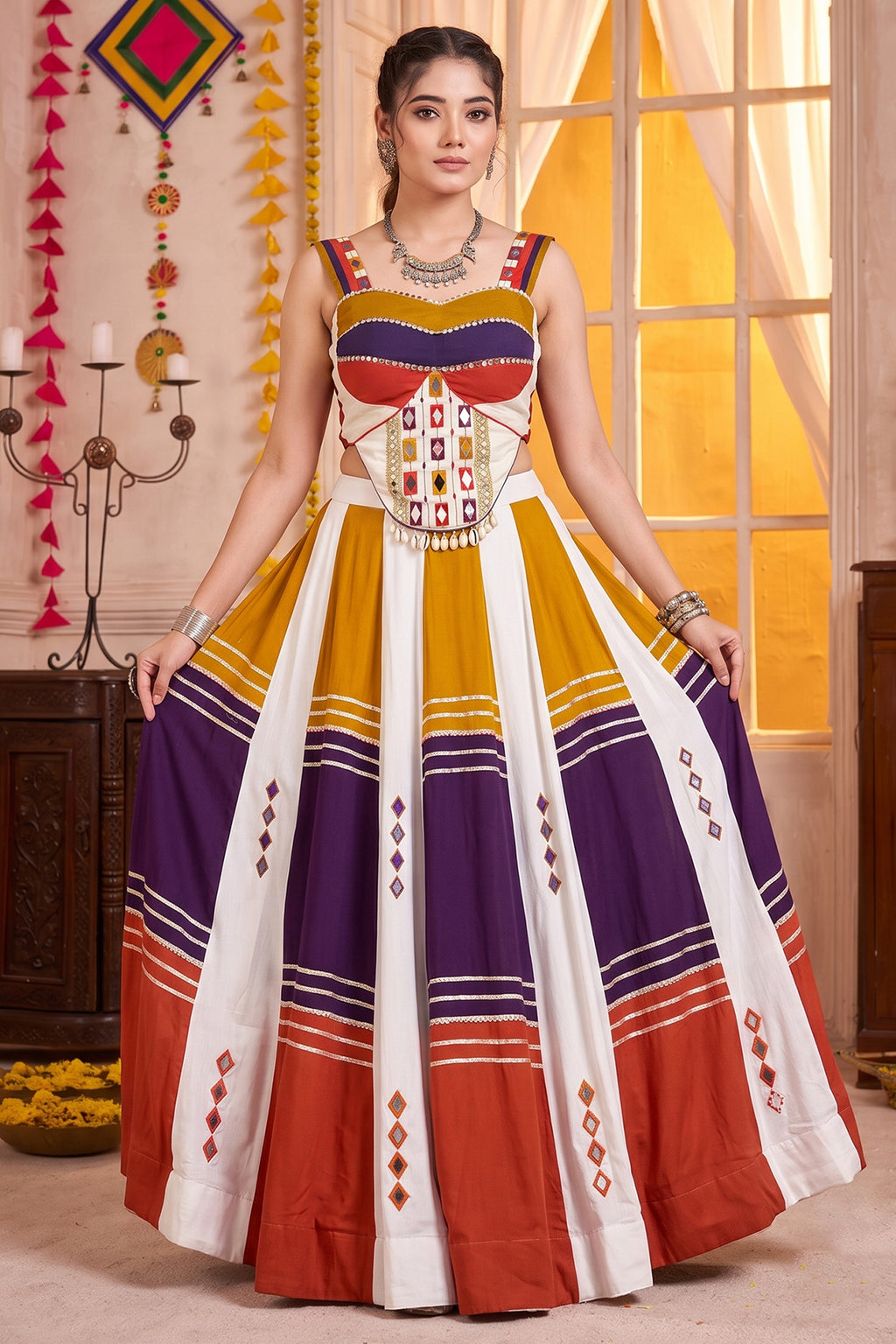 MultiColor Rayon Flared Lehenga Set with Gota Patti & Mirror Trim