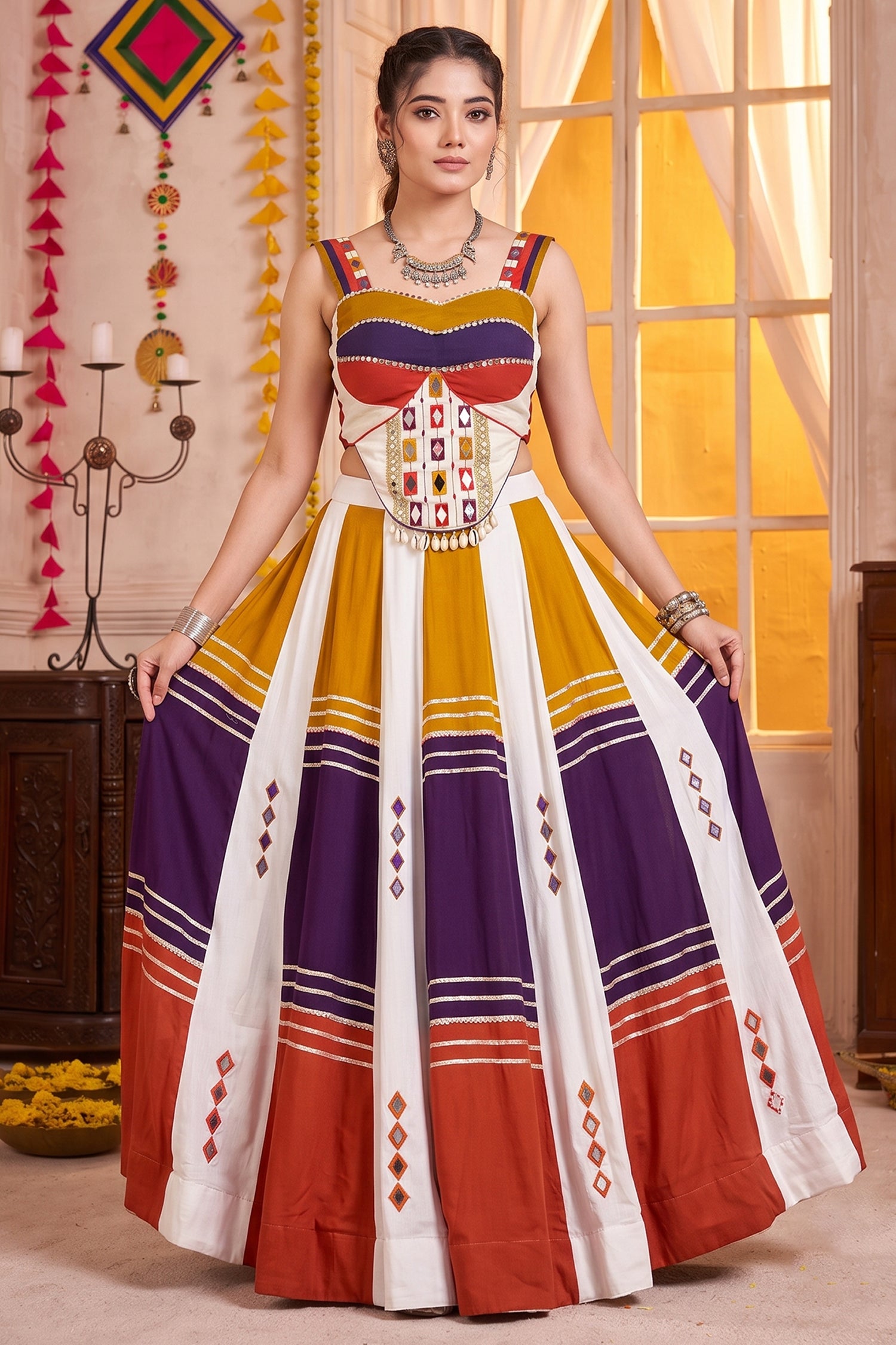 MultiColor Rayon Flared Lehenga Set with Gota Patti & Mirror Trim