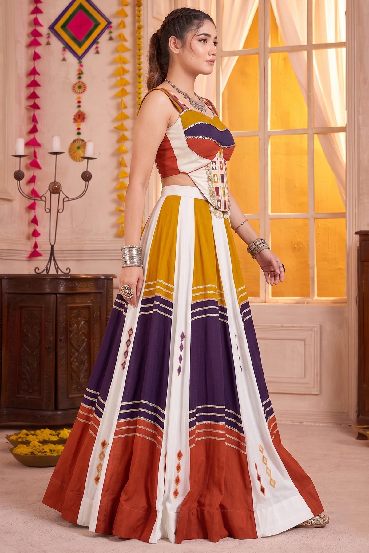 MultiColor Rayon Flared Lehenga Set with Gota Patti & Mirror Trim