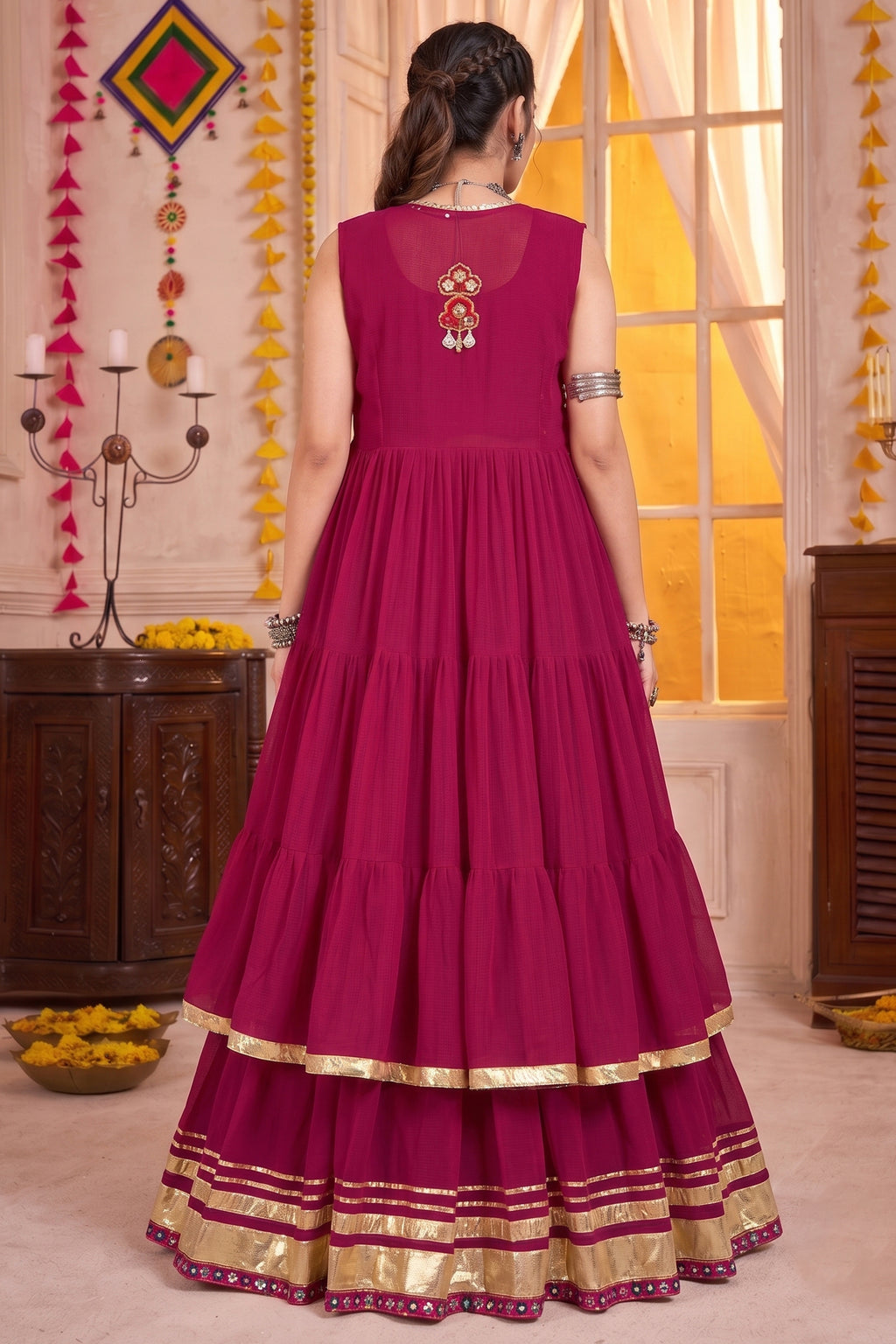 Pink Georgette Flared Lehenga Set with Long Gamthi Embroidered Koti
