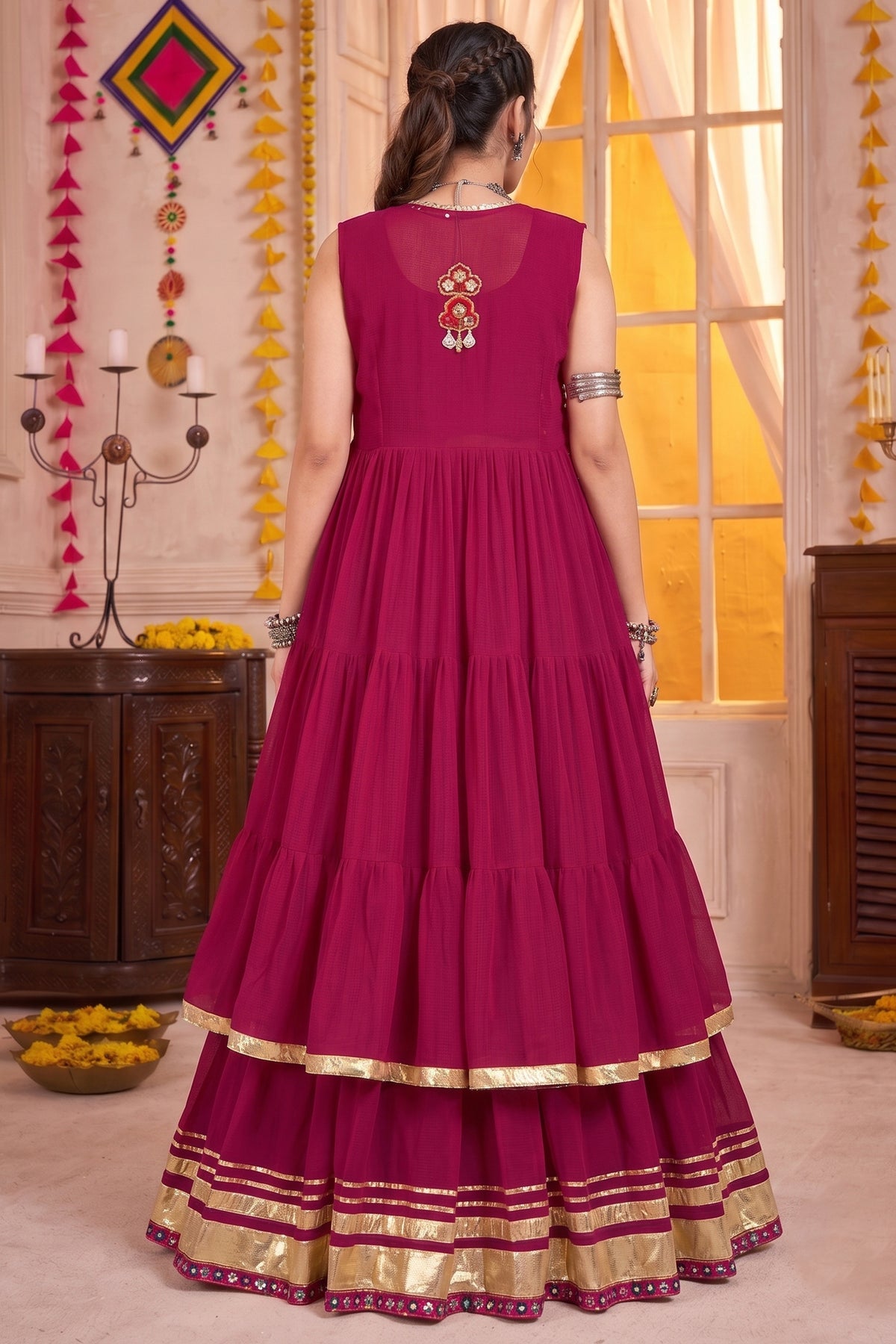 Pink Georgette Flared Lehenga Set with Long Gamthi Embroidered Koti