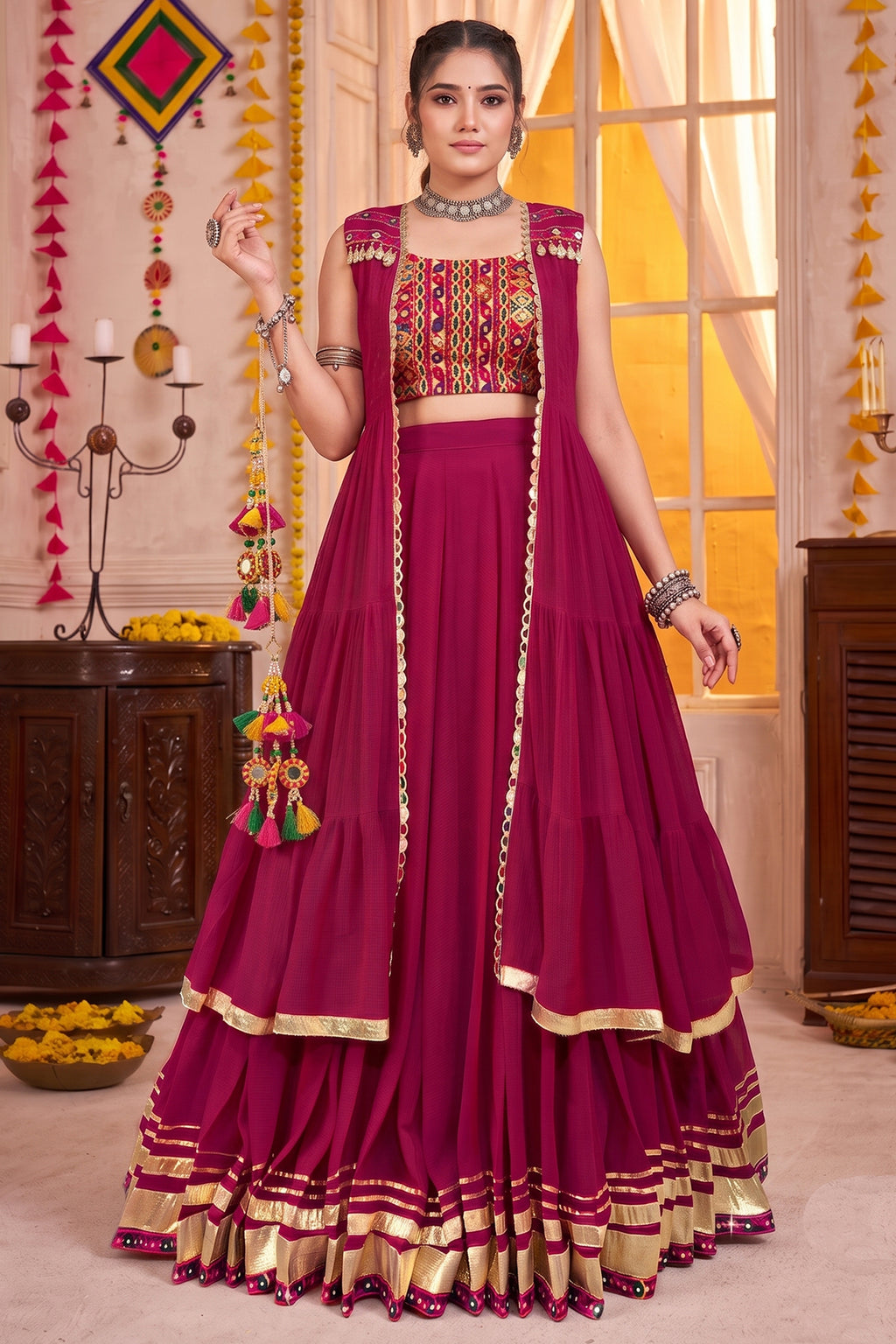 Pink Georgette Flared Lehenga Set with Long Gamthi Embroidered Koti