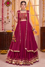 Pink Georgette Flared Lehenga Set with Long Gamthi Embroidered Koti