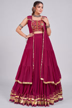 Pink Georgette Flared Lehenga Set with Long Gamthi Embroidered Koti