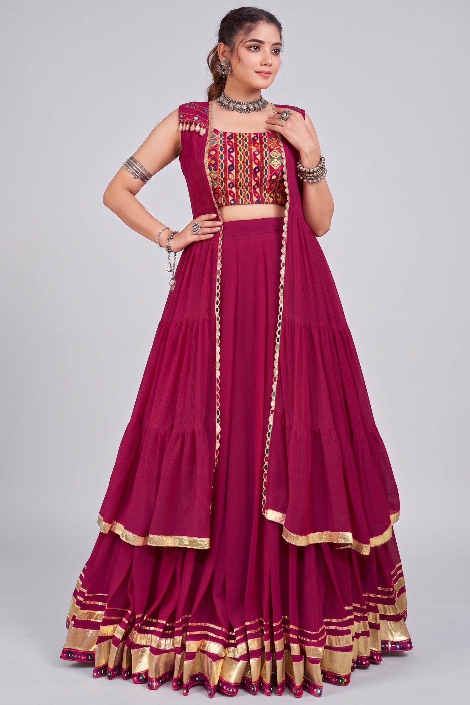 Pink Georgette Flared Lehenga Set with Long Gamthi Embroidered Koti