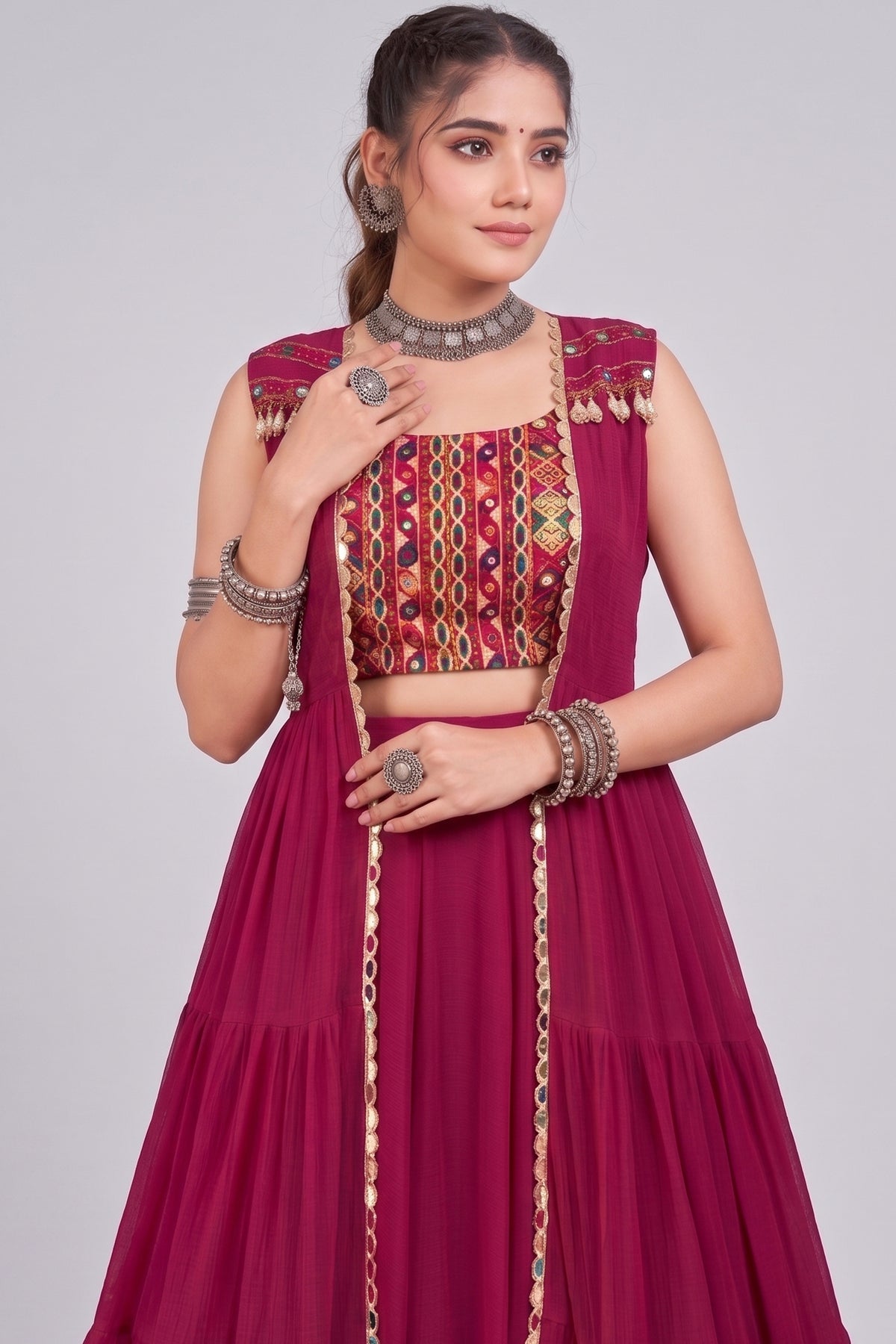 Pink Georgette Flared Lehenga Set with Long Gamthi Embroidered Koti