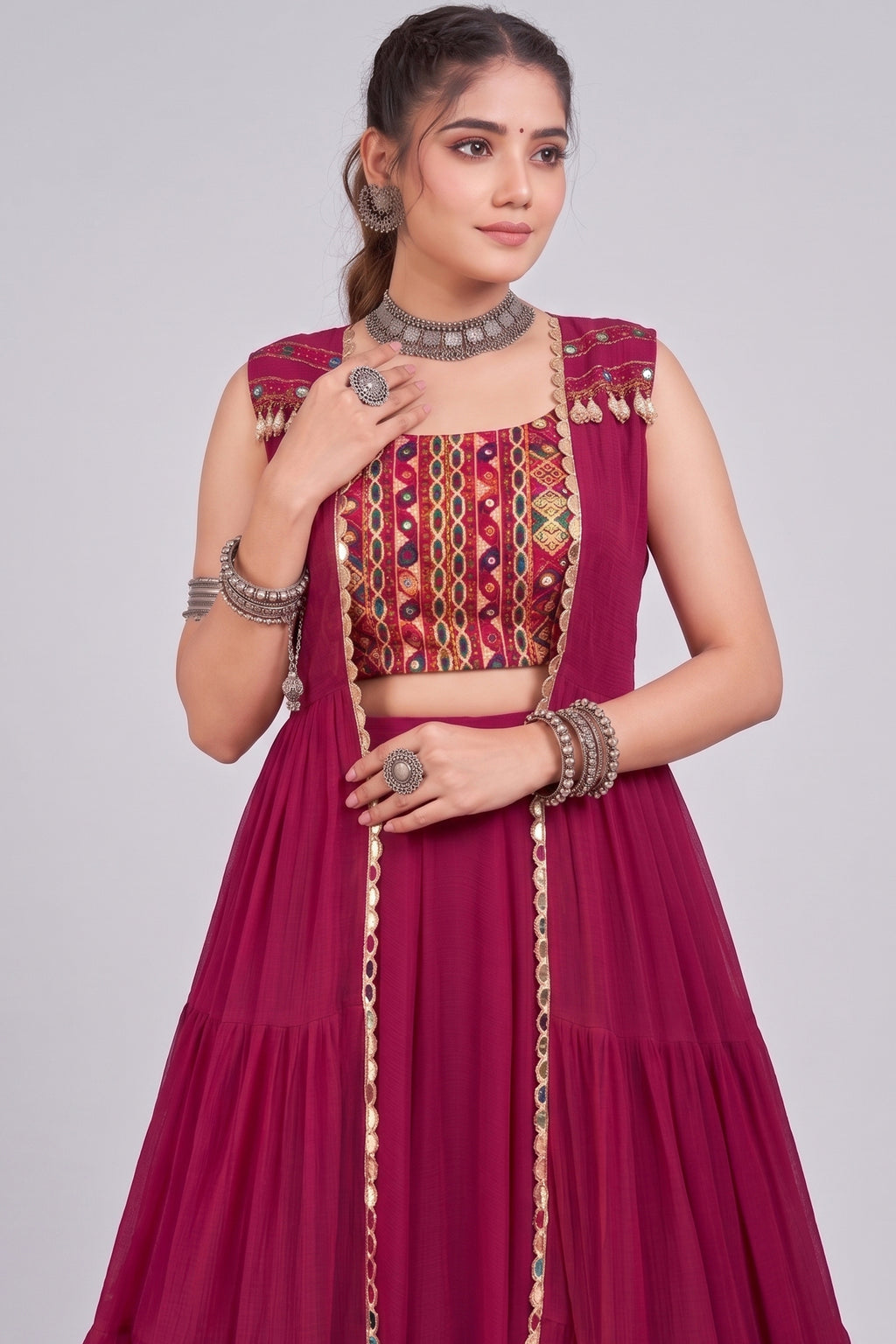 Pink Georgette Flared Lehenga Set with Long Gamthi Embroidered Koti