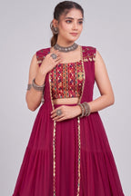 Pink Georgette Flared Lehenga Set with Long Gamthi Embroidered Koti