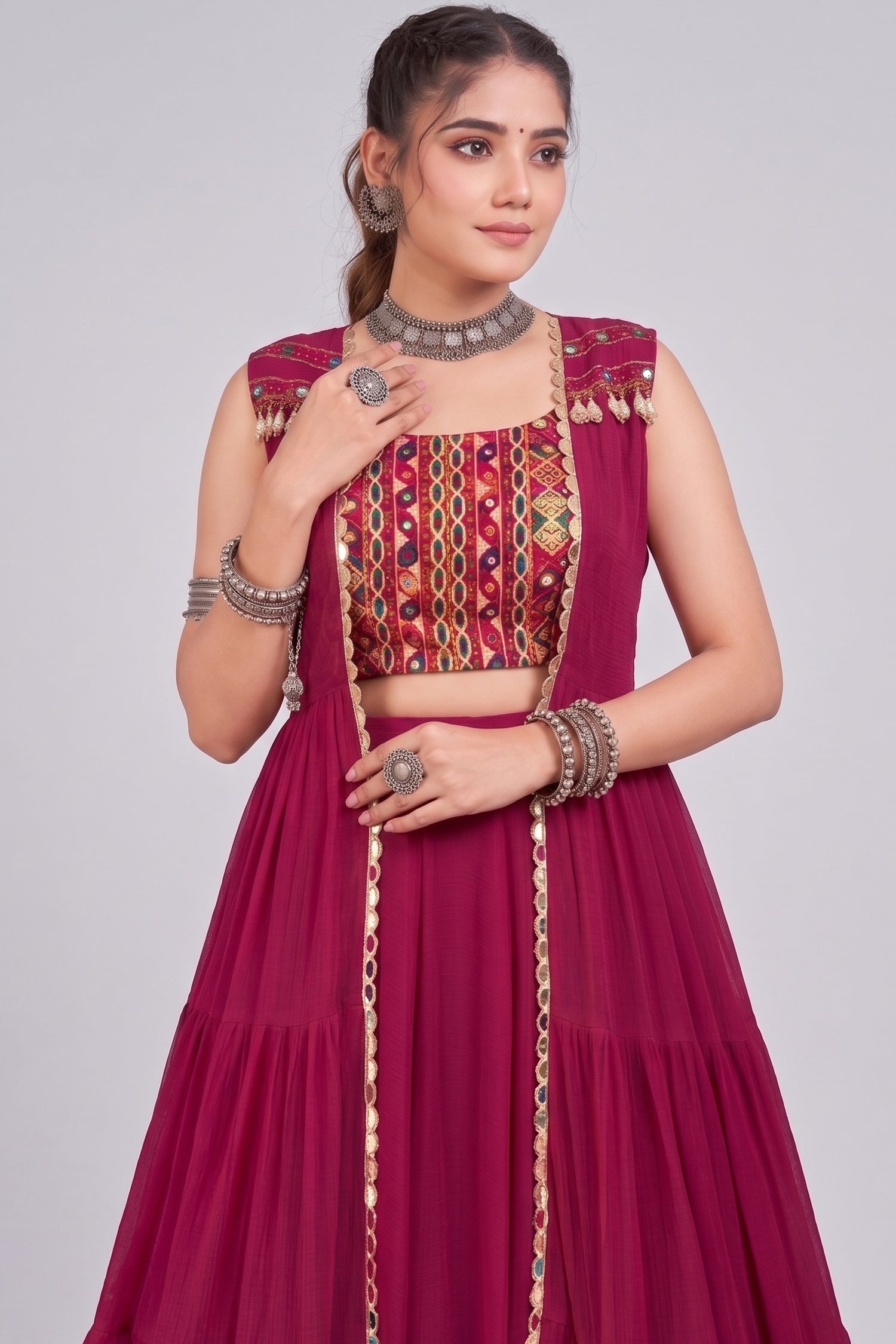 Pink Georgette Flared Lehenga Set with Long Gamthi Embroidered Koti