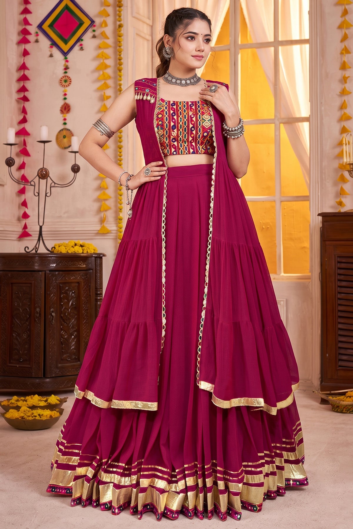 Pink Georgette Flared Lehenga Set with Long Gamthi Embroidered Koti