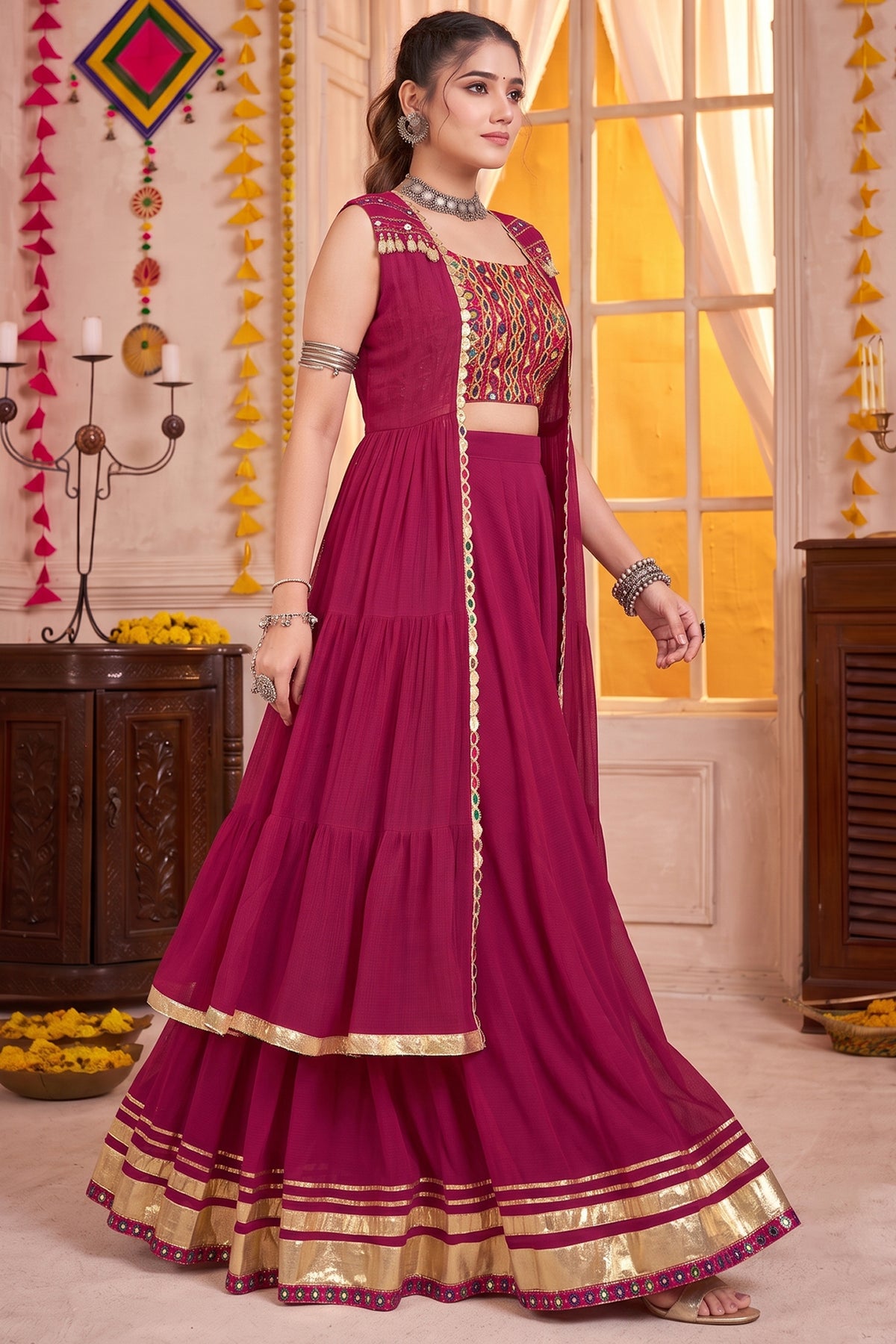 Pink Georgette Flared Lehenga Set with Long Gamthi Embroidered Koti