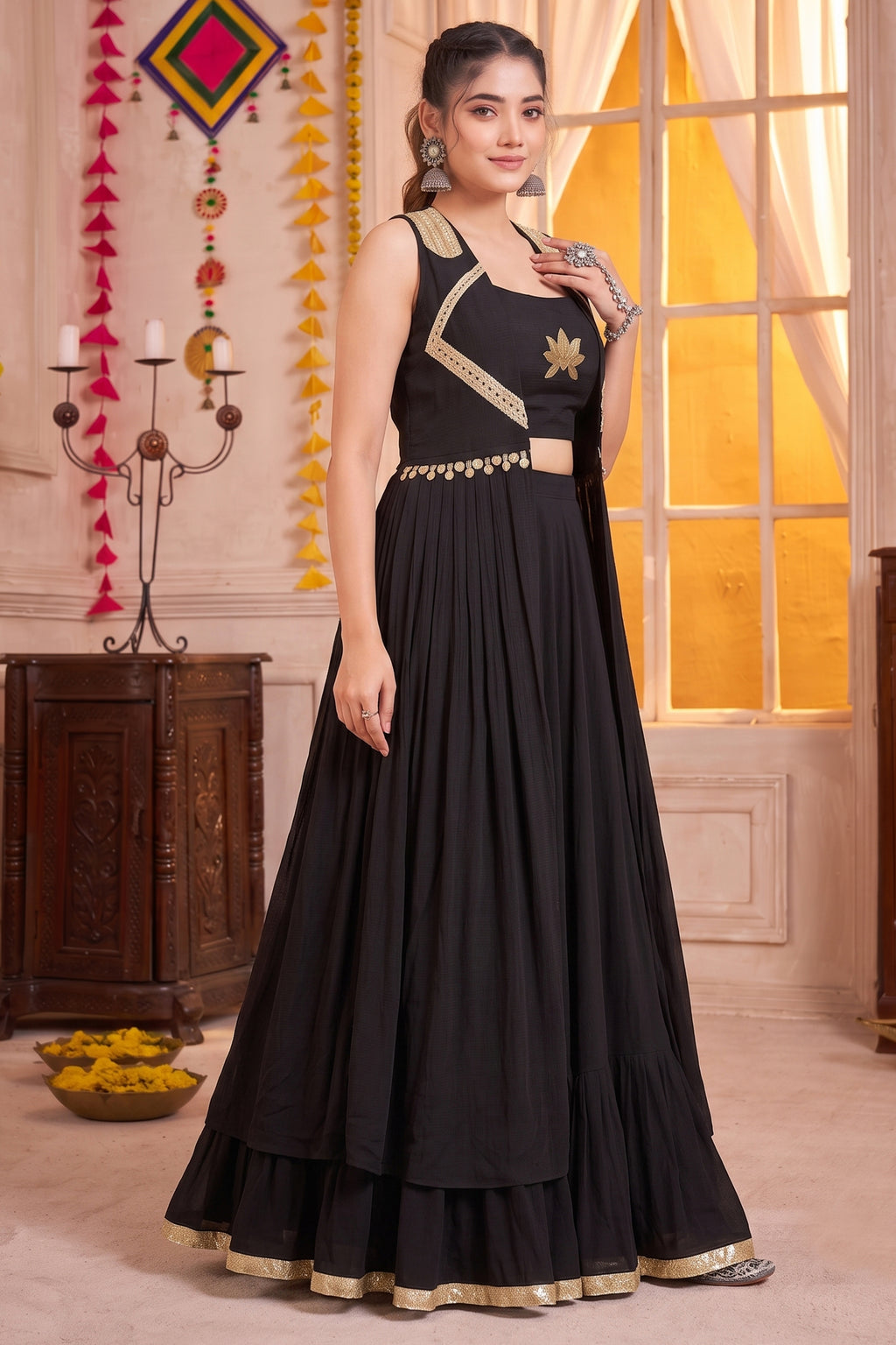 Black Georgette Lotus Handwork Long Koti Lehenga Set