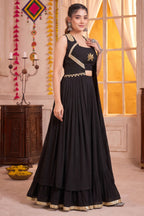 Black Georgette Lotus Handwork Long Koti Lehenga Set