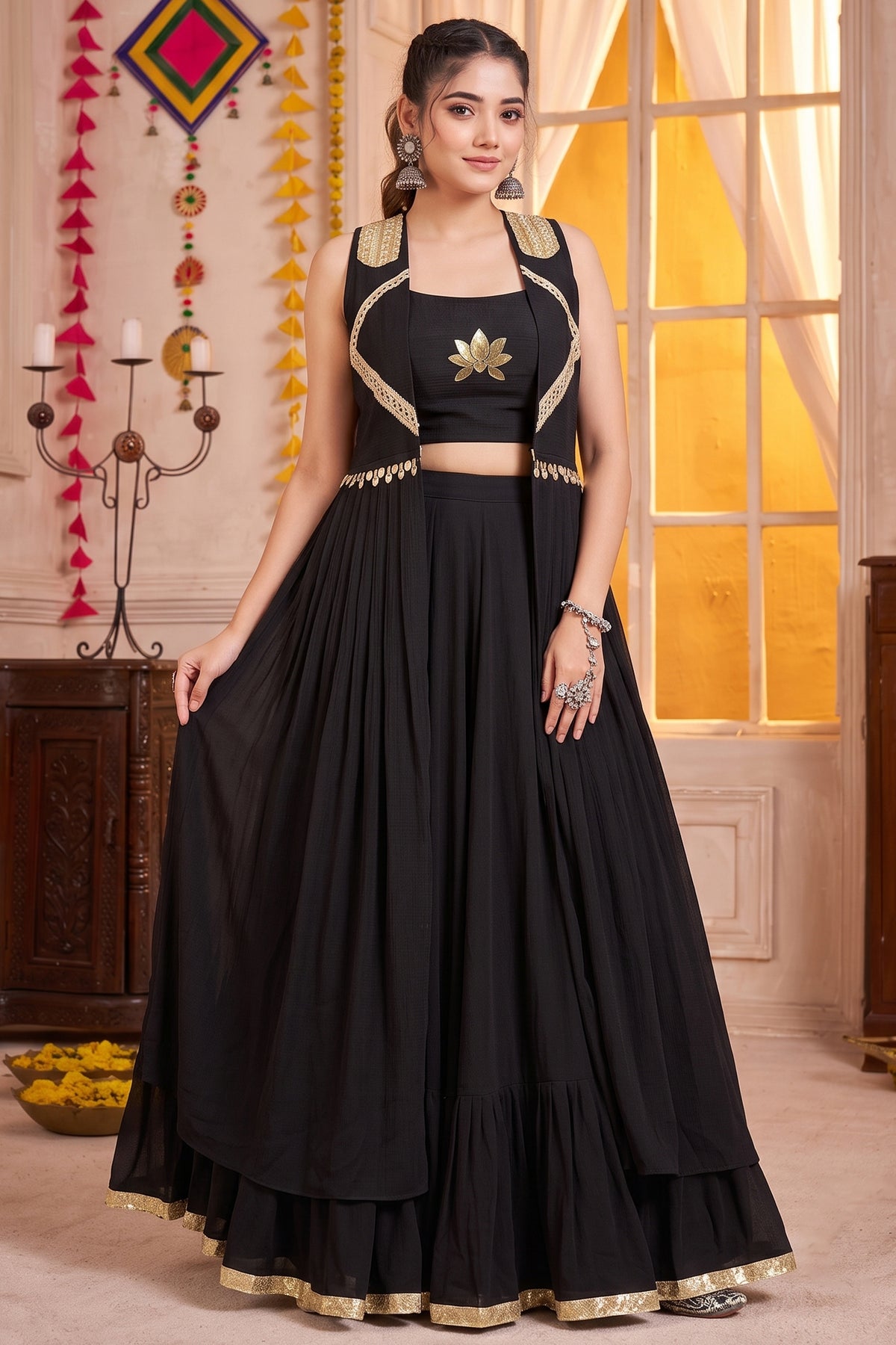 Black Georgette Lotus Handwork Long Koti Lehenga Set