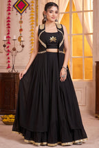 Black Georgette Lotus Handwork Long Koti Lehenga Set