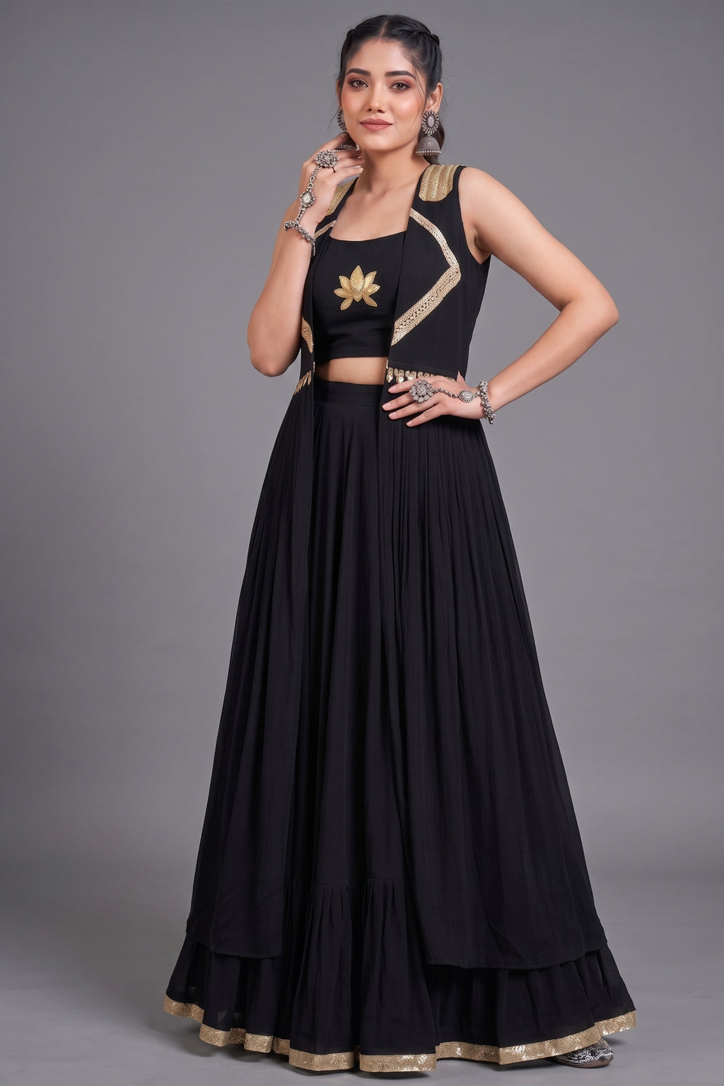 Black Georgette Lotus Handwork Long Koti Lehenga Set