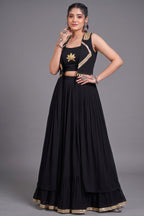 Black Georgette Lotus Handwork Long Koti Lehenga Set