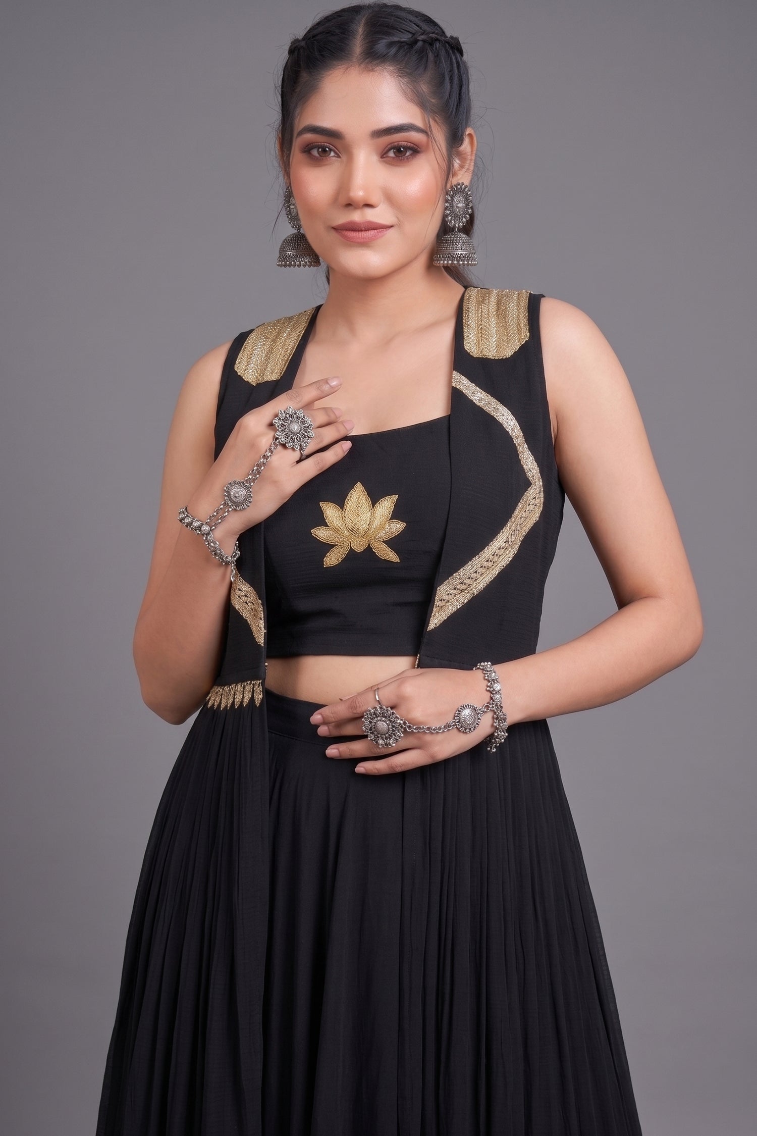 Black Georgette Lotus Handwork Long Koti Lehenga Set Secondary image