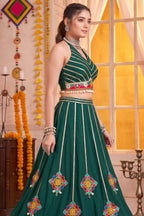 Green Flared Lehenga Set with Mirror-Embellished Gamthi Yoke