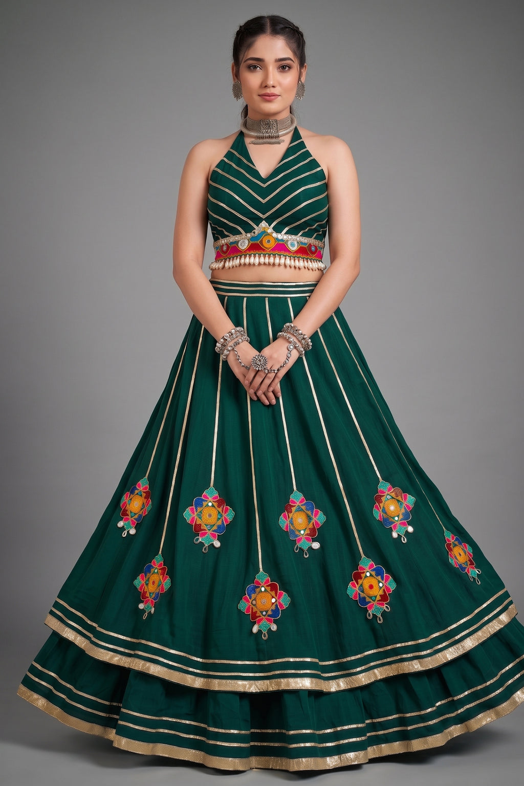 Green Flared Lehenga Set with Mirror-Embellished Gamthi Yoke