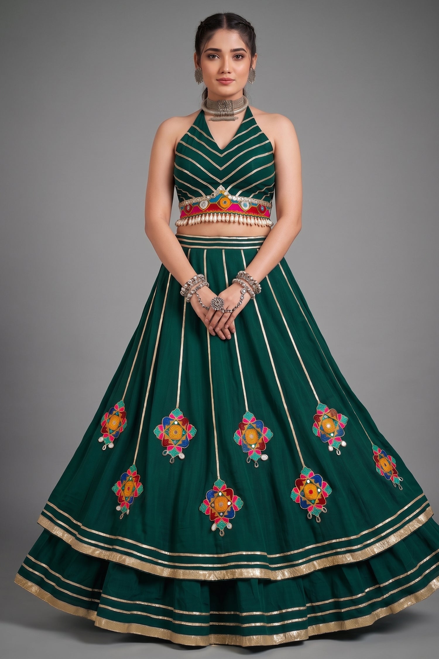 Green Flared Lehenga Set with Mirror-Embellished Gamthi Yoke