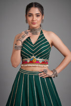 Green Flared Lehenga Set with Mirror-Embellished Gamthi Yoke