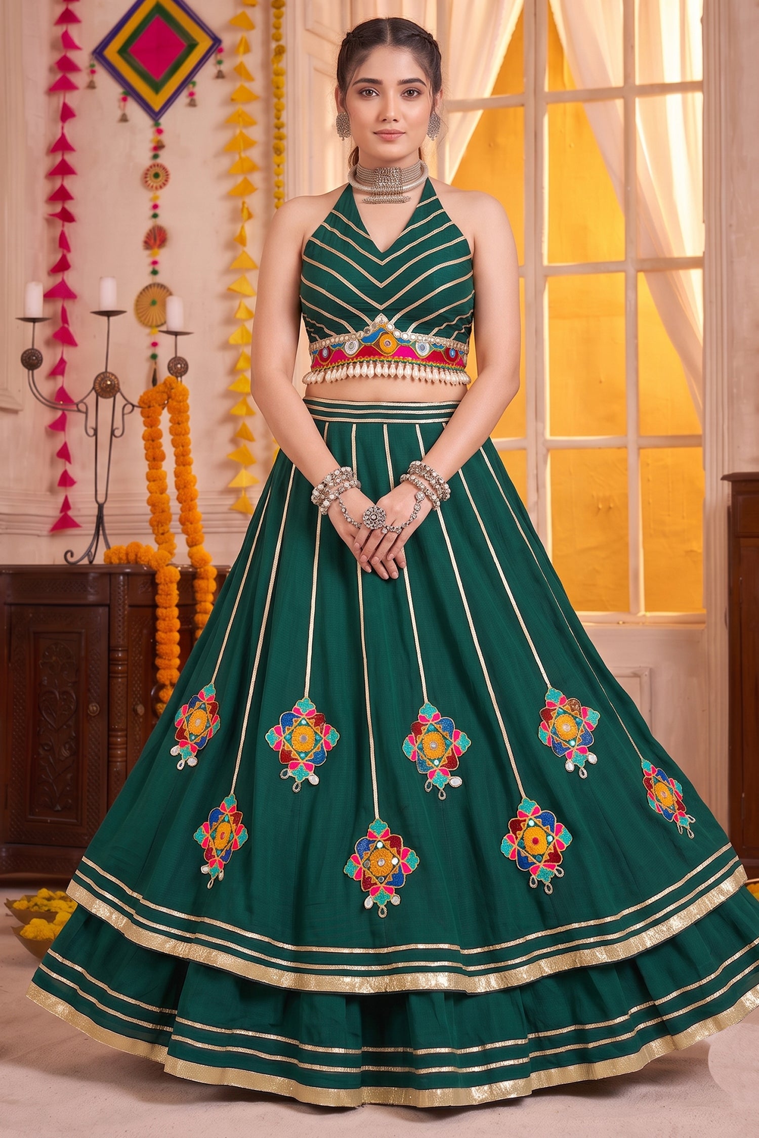 Green Flared Lehenga Set with Mirror-Embellished Gamthi Yoke