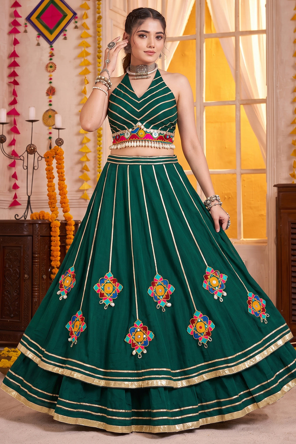 Green Flared Lehenga Set with Mirror-Embellished Gamthi Yoke