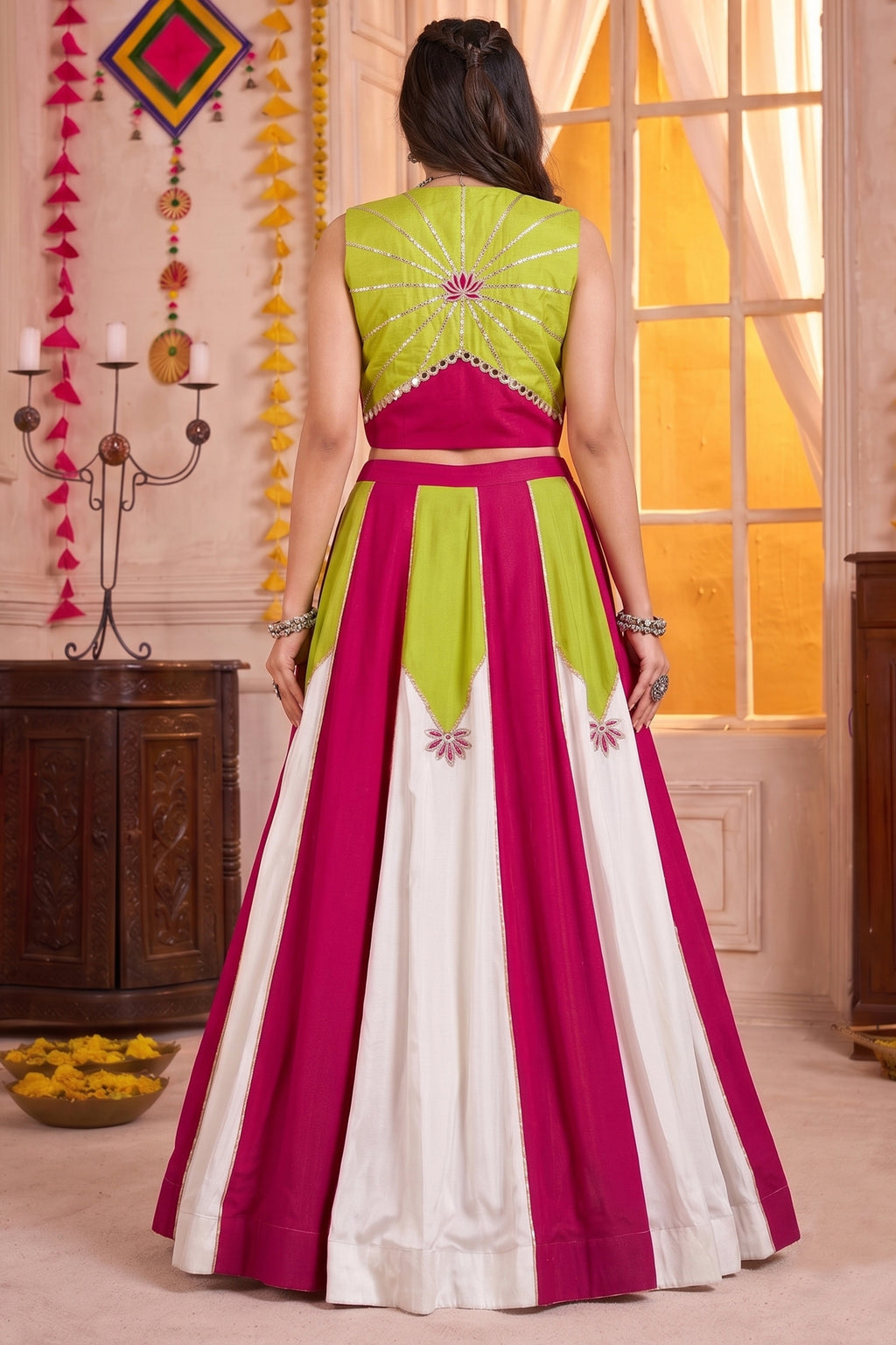 White & Multi Rayon Lehenga with Pearl Gota Embellished Jacket