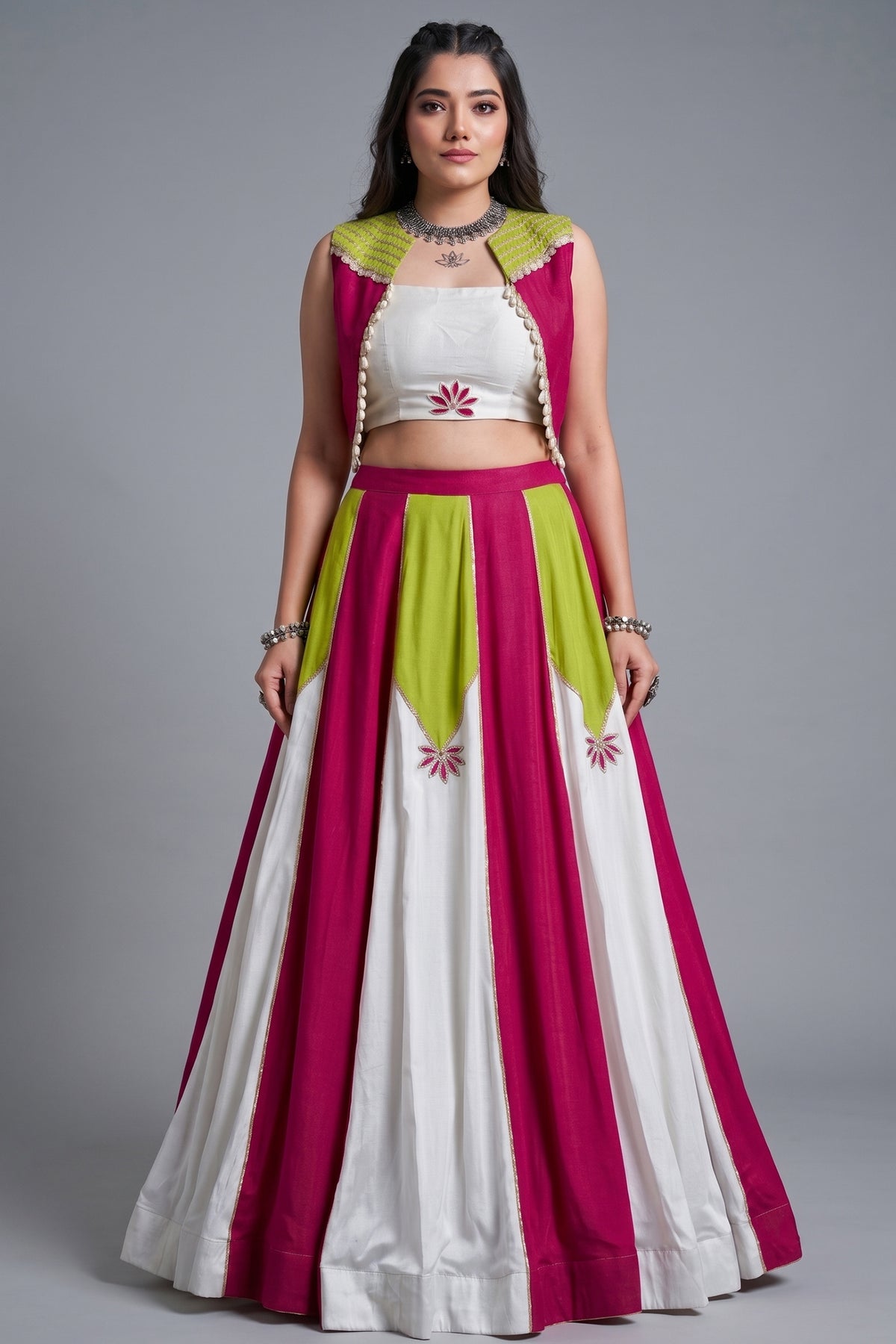 White & Multi Rayon Lehenga with Pearl Gota Embellished Jacket Main image