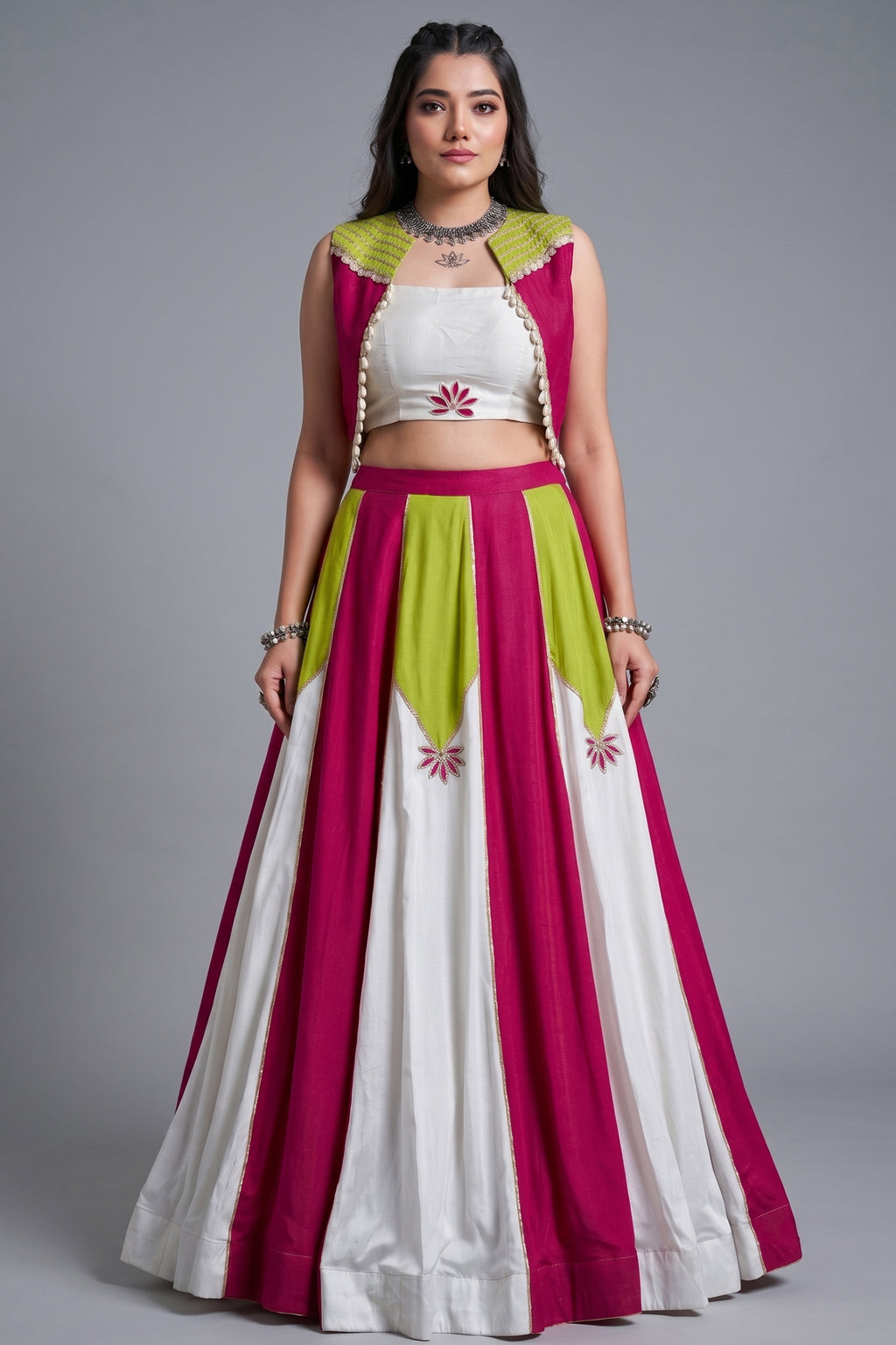 White & Multi Rayon Lehenga with Pearl Gota Embellished Jacket