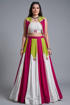 White & Multi Rayon Lehenga with Pearl Gota Embellished Jacket