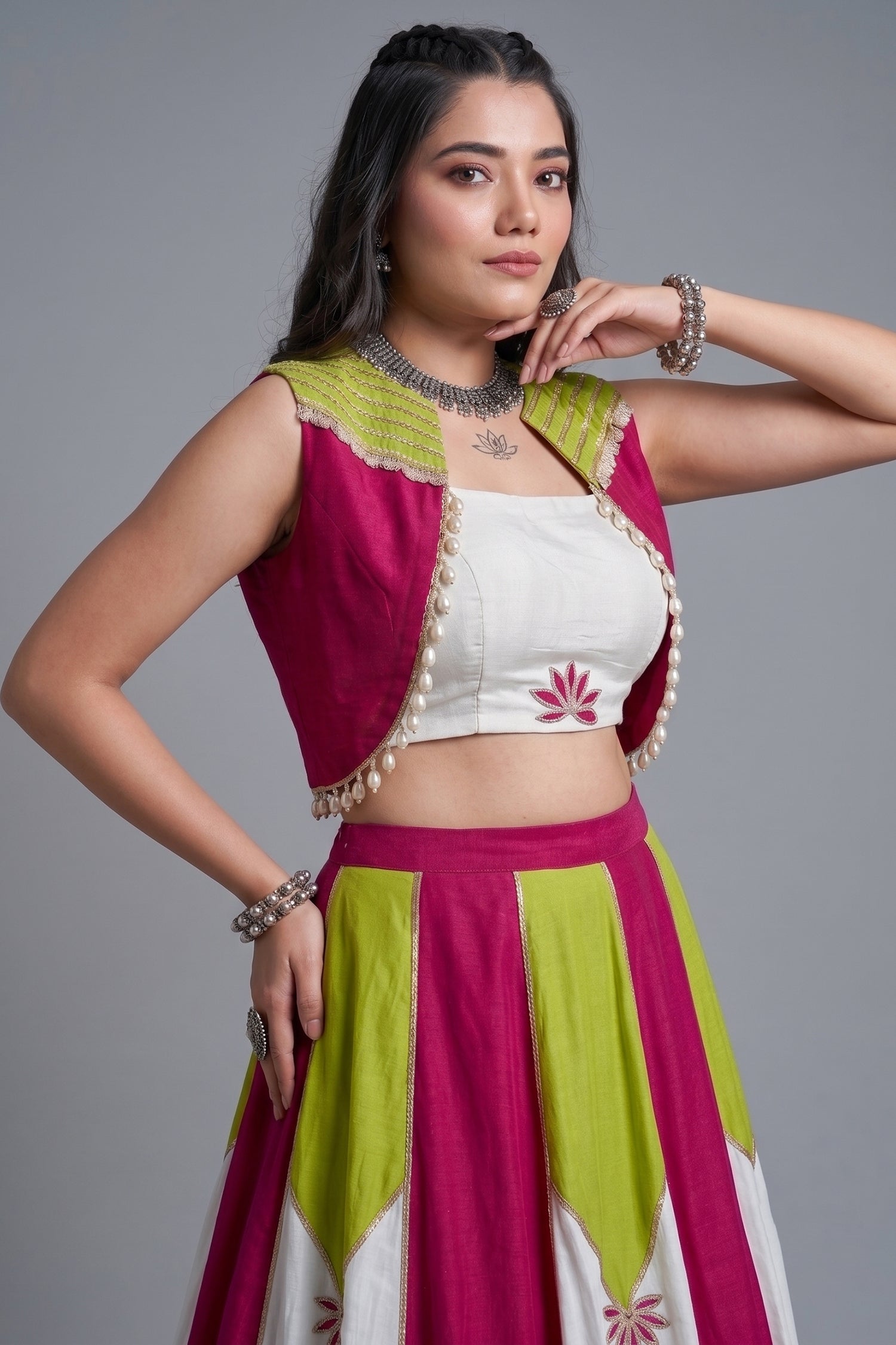 White & Multi Rayon Lehenga with Pearl Gota Embellished Jacket Secondary image