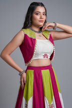 White & Multi Rayon Lehenga with Pearl Gota Embellished Jacket