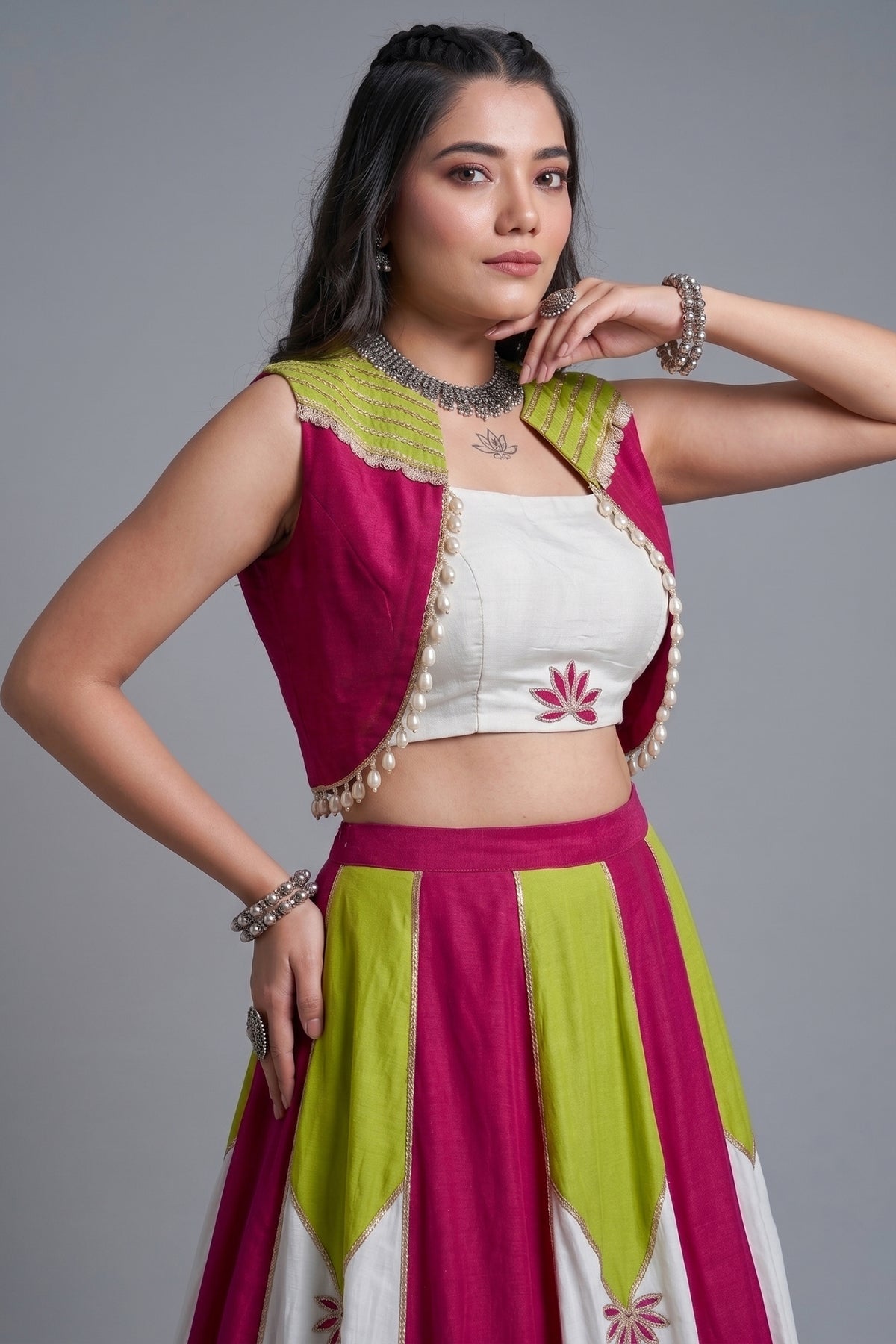 White & Multi Rayon Lehenga with Pearl Gota Embellished Jacket