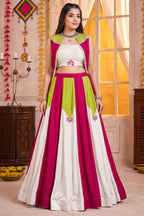 White & Multi Rayon Lehenga with Pearl Gota Embellished Jacket