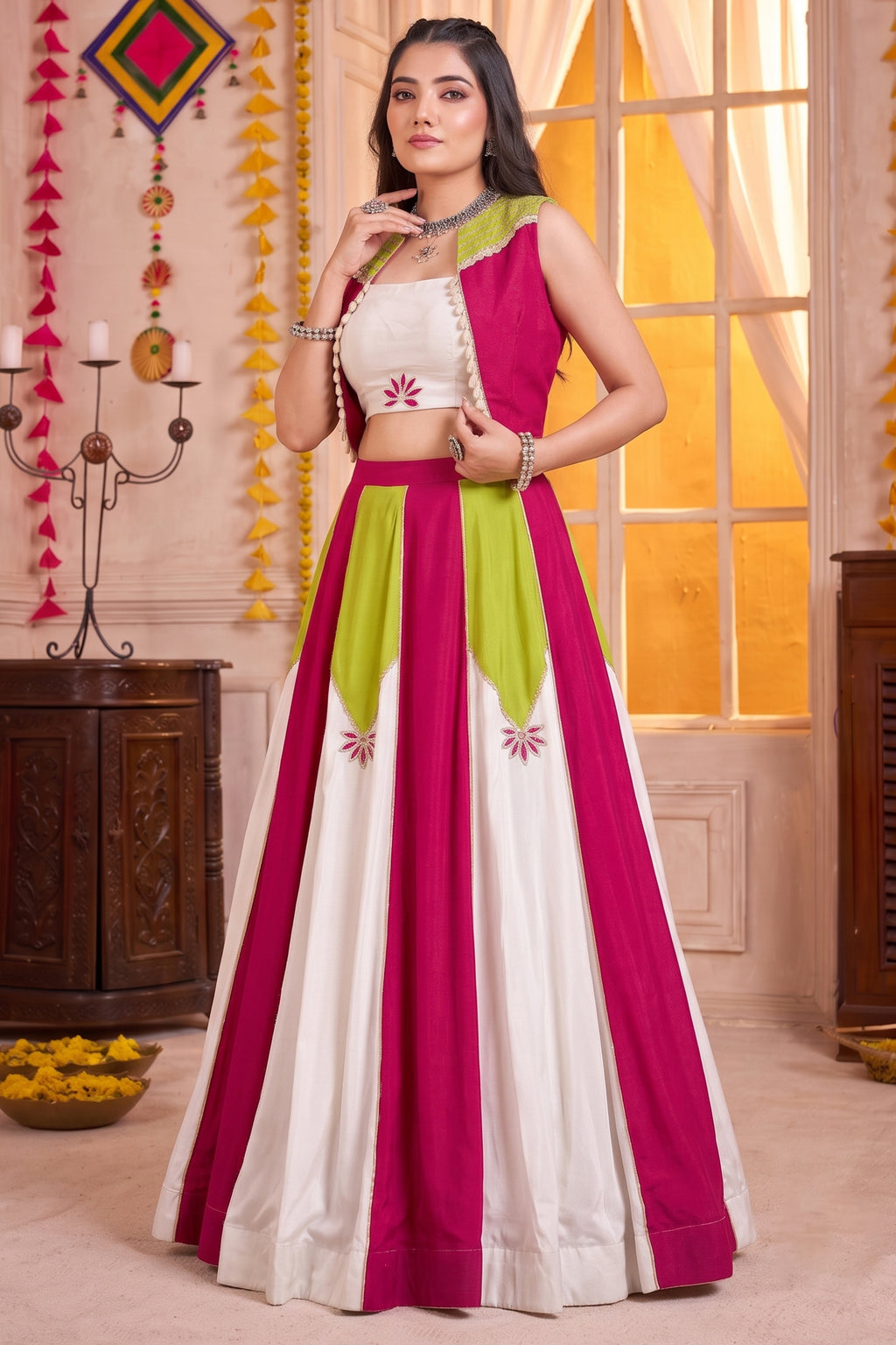 White & Multi Rayon Lehenga with Pearl Gota Embellished Jacket