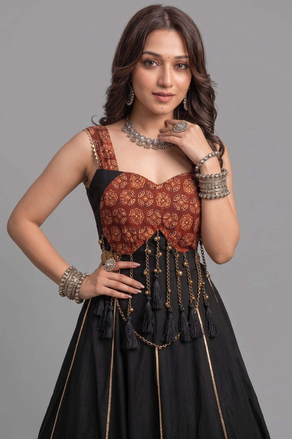 Black Cotton Flared Lehenga Choli with Ajrakh Printed Inset Gussets & Tasseled Bustier