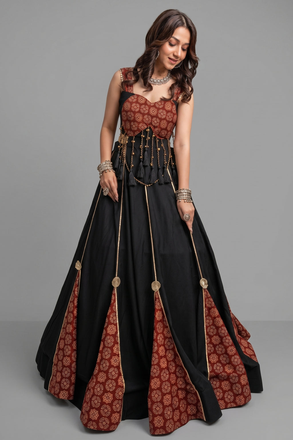 Black Cotton Flared Lehenga Choli with Ajrakh Printed Inset Gussets & Tasseled Bustier