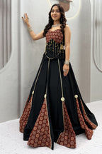 Black Cotton Flared Lehenga Choli with Ajrakh Printed Inset Gussets & Tasseled Bustier
