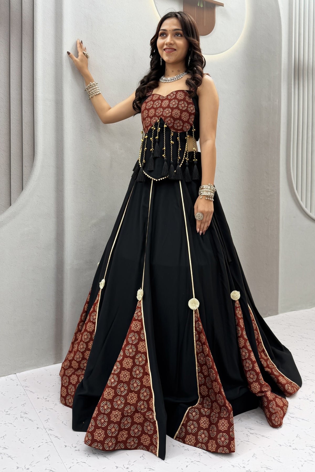 Black Cotton Flared Lehenga Choli with Ajrakh Printed Inset Gussets & Tasseled Bustier